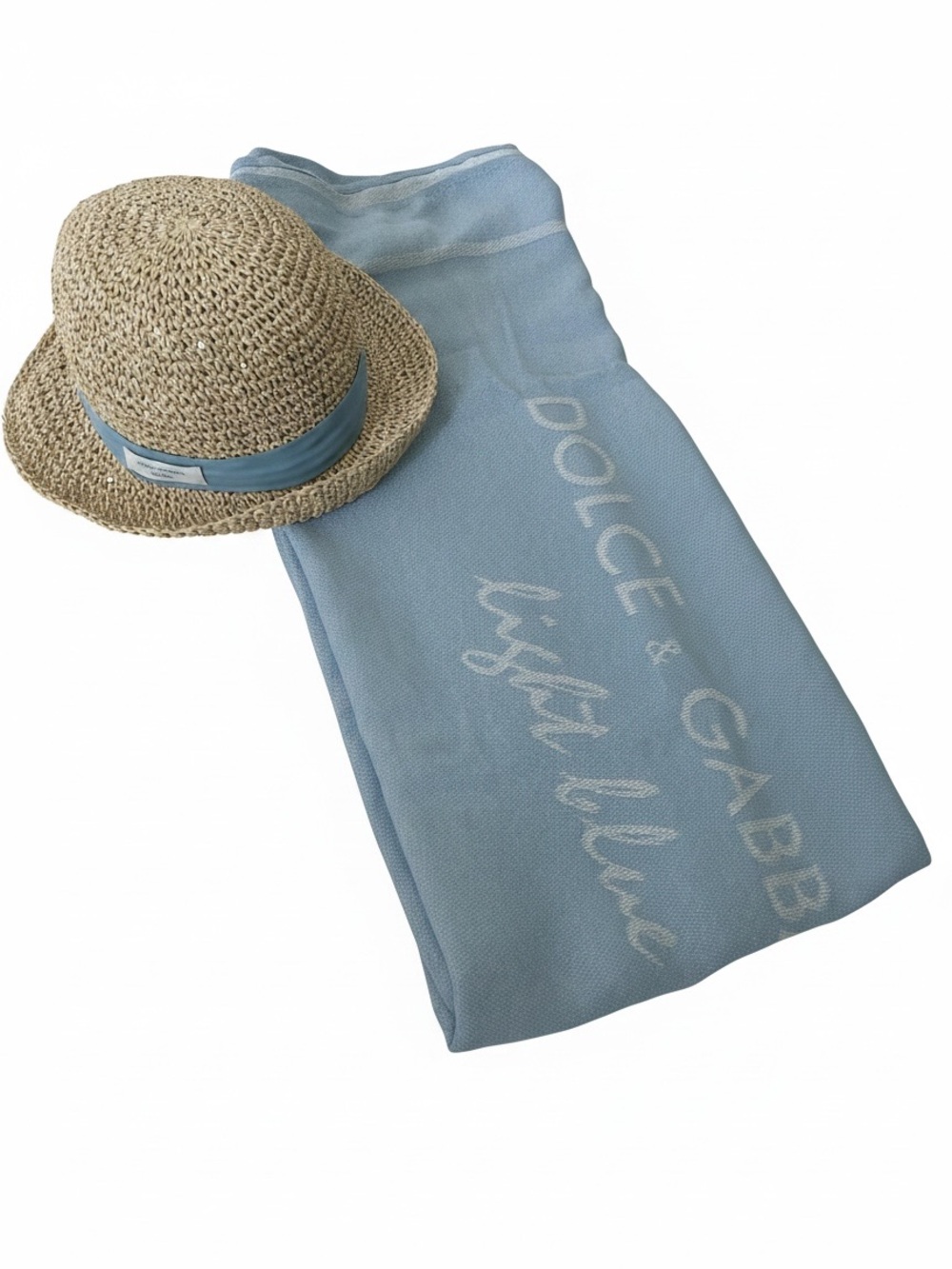 Dolce & Gabbana Straw Hat with Light Blue Band and beach towel
